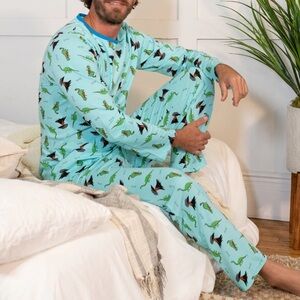 Leveret Mens Loose Fit Blue Dinosaur Volcano Pajamas 2 piece Set size XL